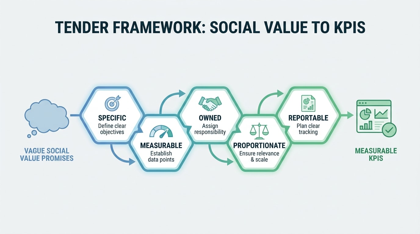 Framework showing how to turn social value promises into measurable tender KPIs