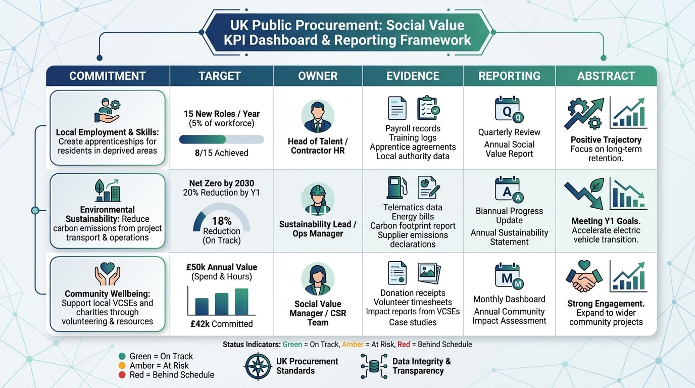 Example table layout for social value tender KPIs with target, owner, evidence and reporting