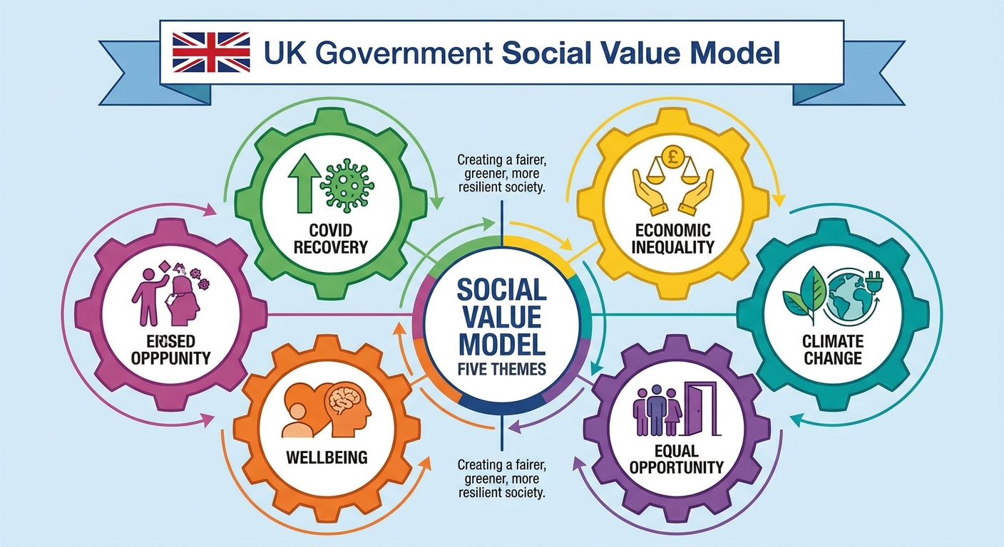 UK government Social Value Model five themes diagram covering economic inequality climate change equal opportunity wellbeing