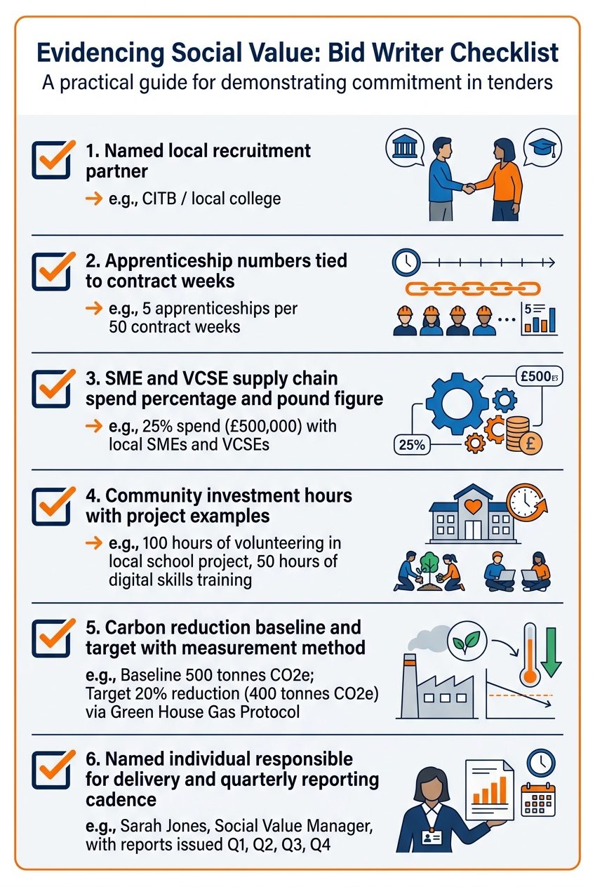 Bid writer checklist for evidencing social value commitments in construction tenders