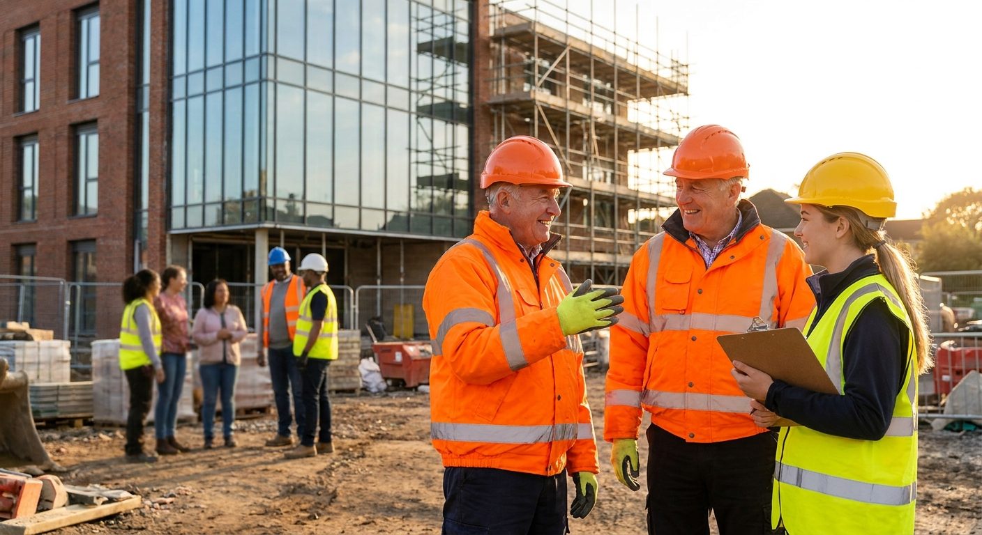 Construction workers and apprentice on a UK building site discussing social value commitments