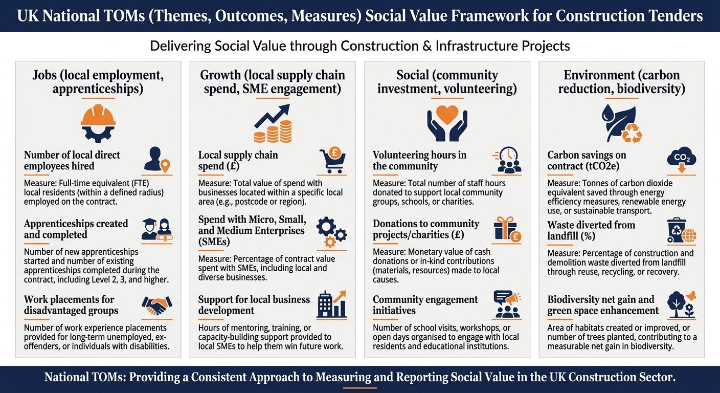 Infographic showing the four themes of the National TOMs social value framework: Jobs, Growth, Social, Environment