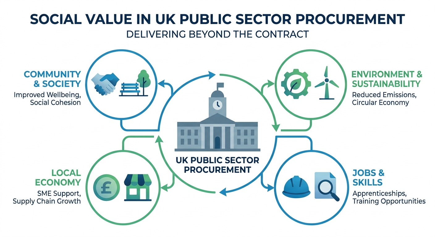 Professional infographic showing social value in UK public sector procurement with community, environment, jobs and economy icons