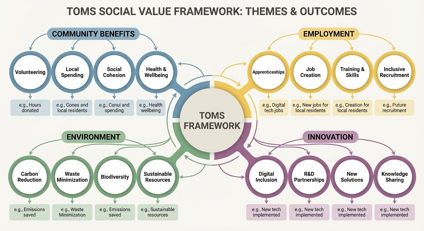 Social value TOMS framework diagram showing themes, outcomes, and measurement approach for community benefits