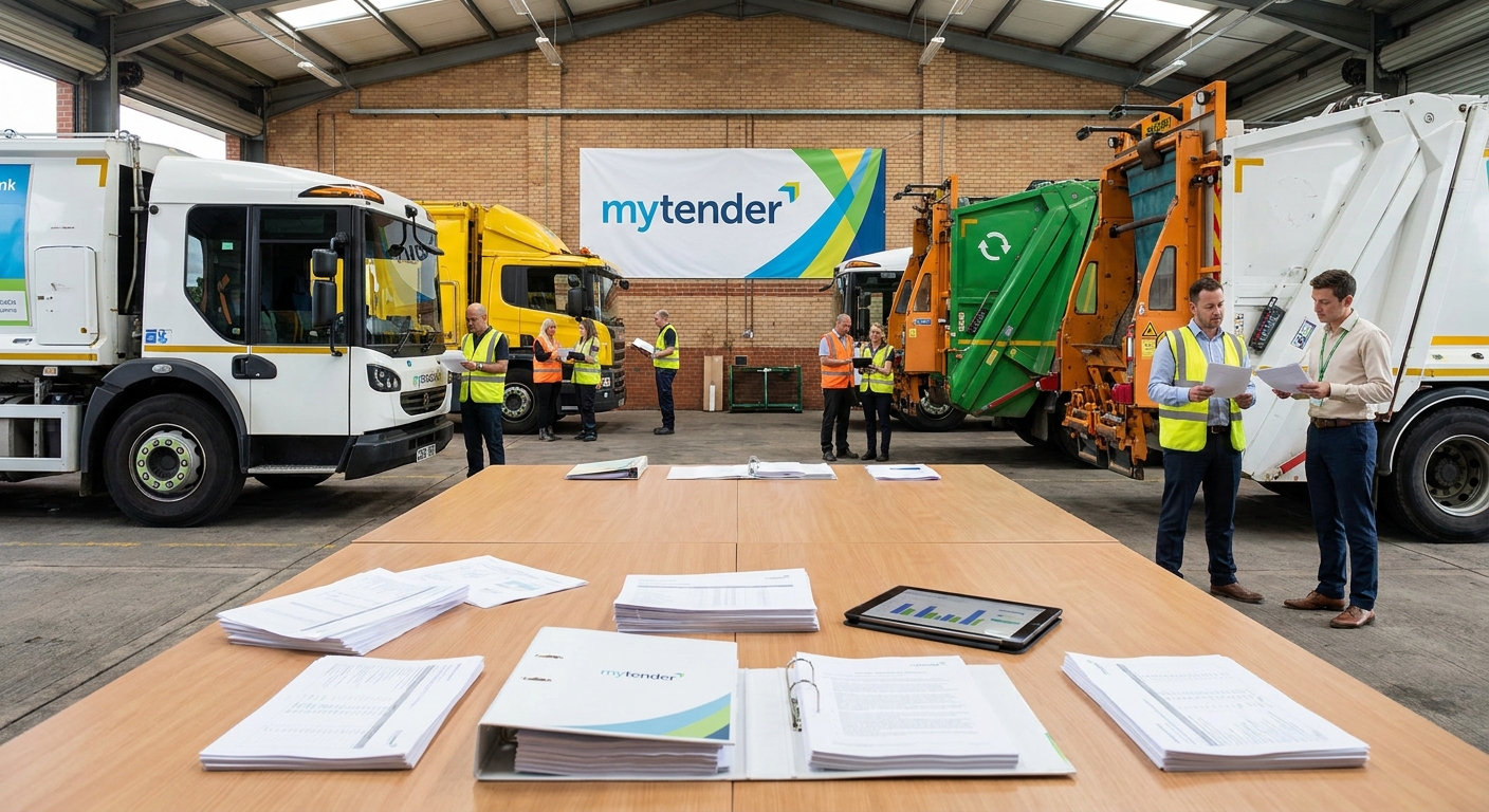 Waste management bid team reviewing a council tender with recycling operations and social value planning