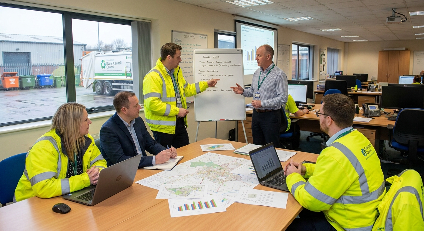 Waste and recycling operations team planning local employment and community engagement for a council contract