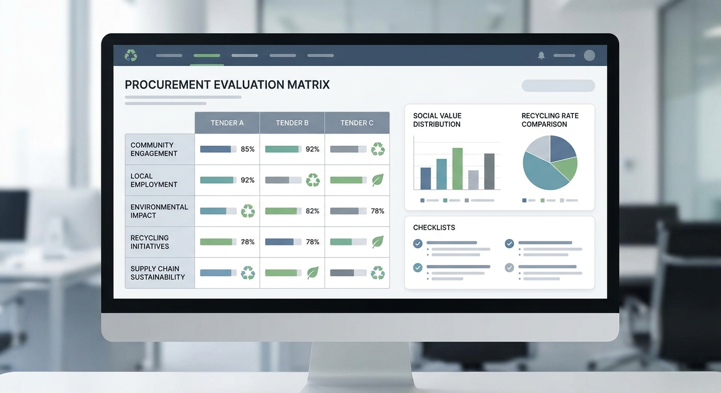 Dashboard style evaluation matrix for waste tender social value scoring and contract reporting
