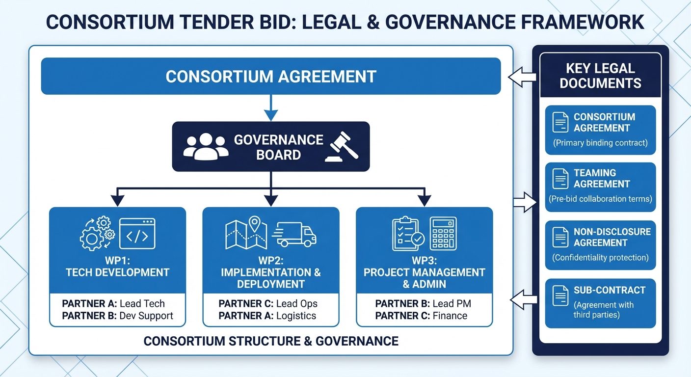 Infographic showing consortium governance structure with Consortium Agreement, Governance Board, and work packages