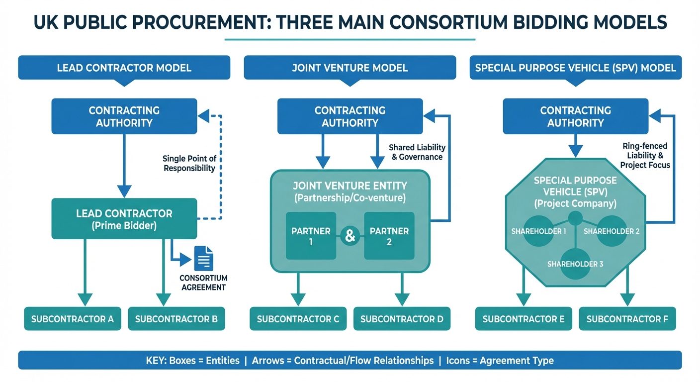 Infographic showing the three main consortium bidding models: Lead Contractor, Joint Venture, and Special Purpose Vehicle