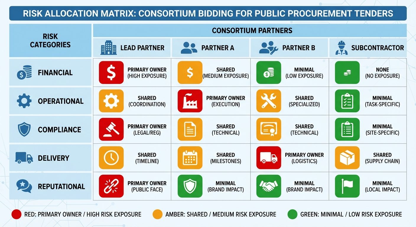 Risk allocation matrix for consortium bidding showing risk categories mapped against consortium partners