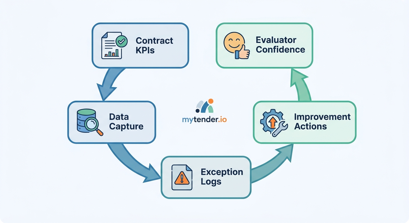 Tender KPI evidence loop showing how operational data becomes evaluator confidence