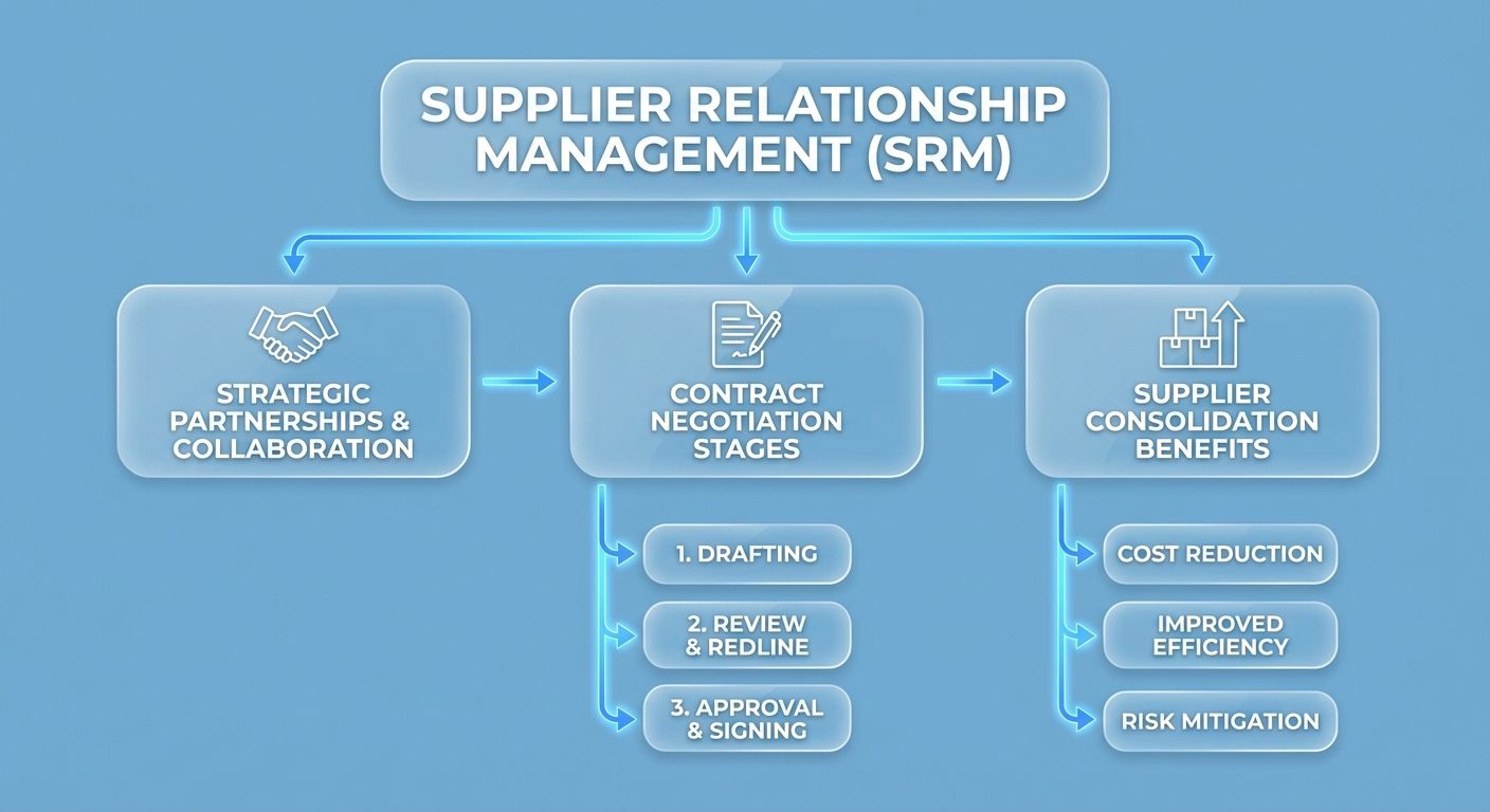 Business process flowchart showing supplier relationship management and cost savings