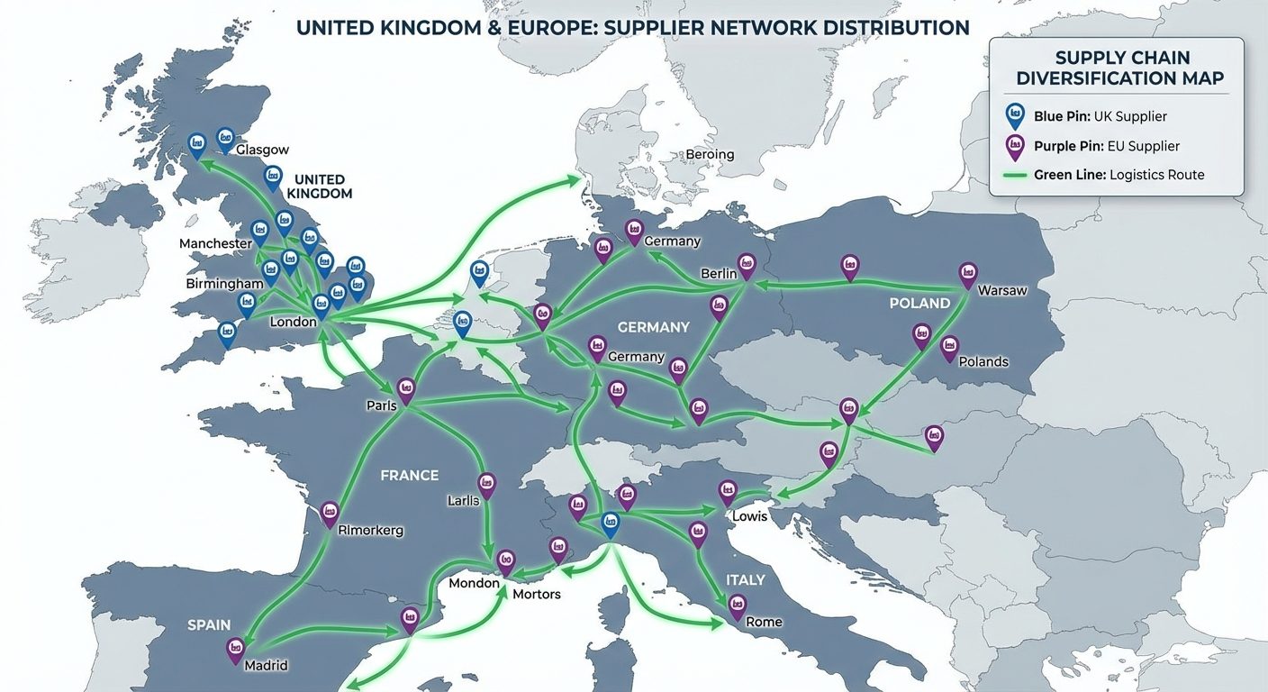 Supply chain geographic diversification map showing UK and regional supplier networks
