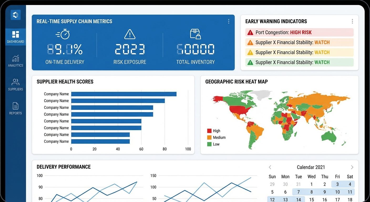 Supply chain risk monitoring dashboard showing real-time tracking and early warning indicators