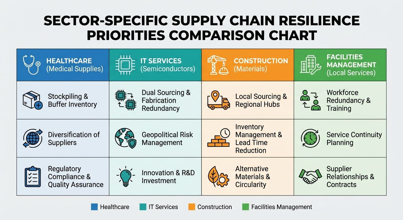 Sector-specific supply chain resilience priorities showing healthcare, IT, construction, and FM requirements