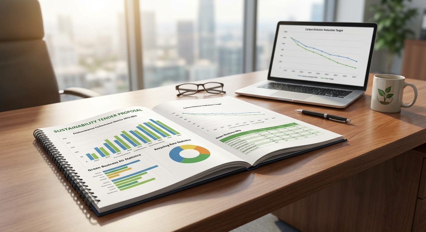 Sustainability tender proposal showing environmental performance metrics and carbon reduction data