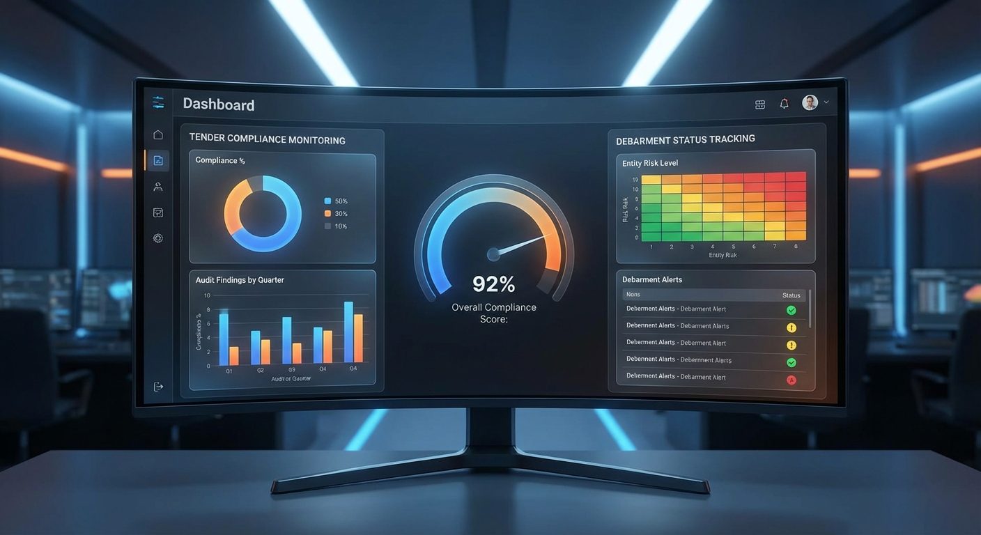 Tender compliance monitoring dashboard showing debarment status tracking and data visualisation