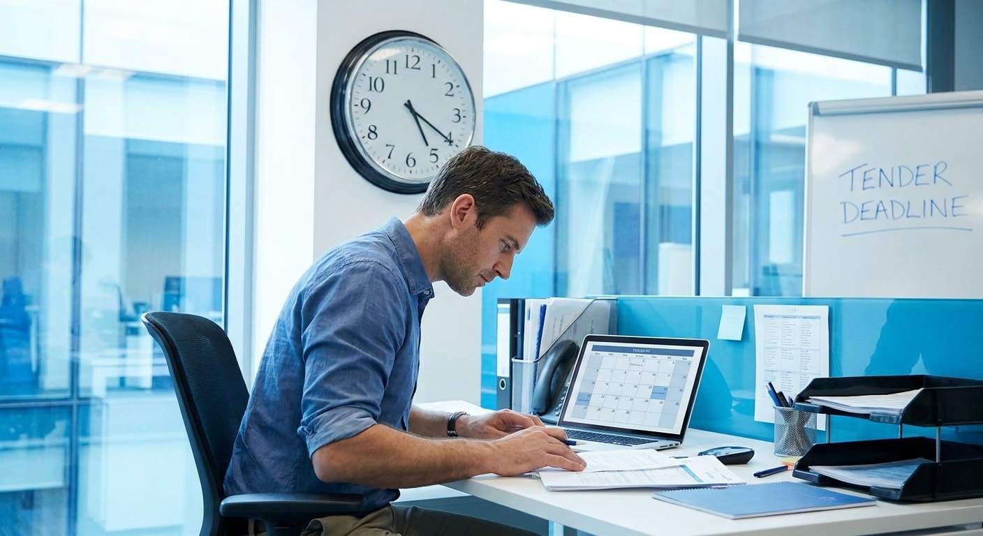 Bid manager at desk managing tight tender deadline