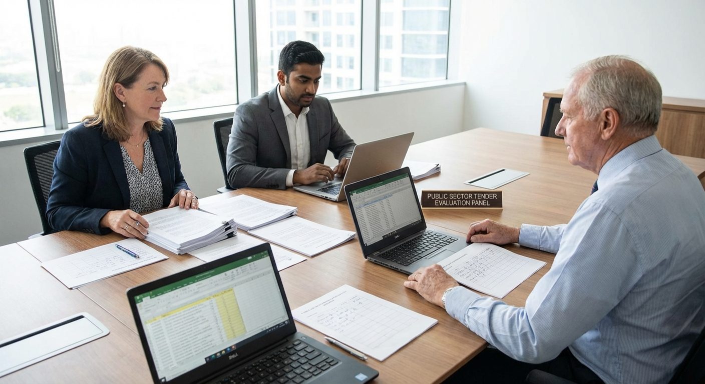 Tender evaluation panel of evaluators reviewing submissions