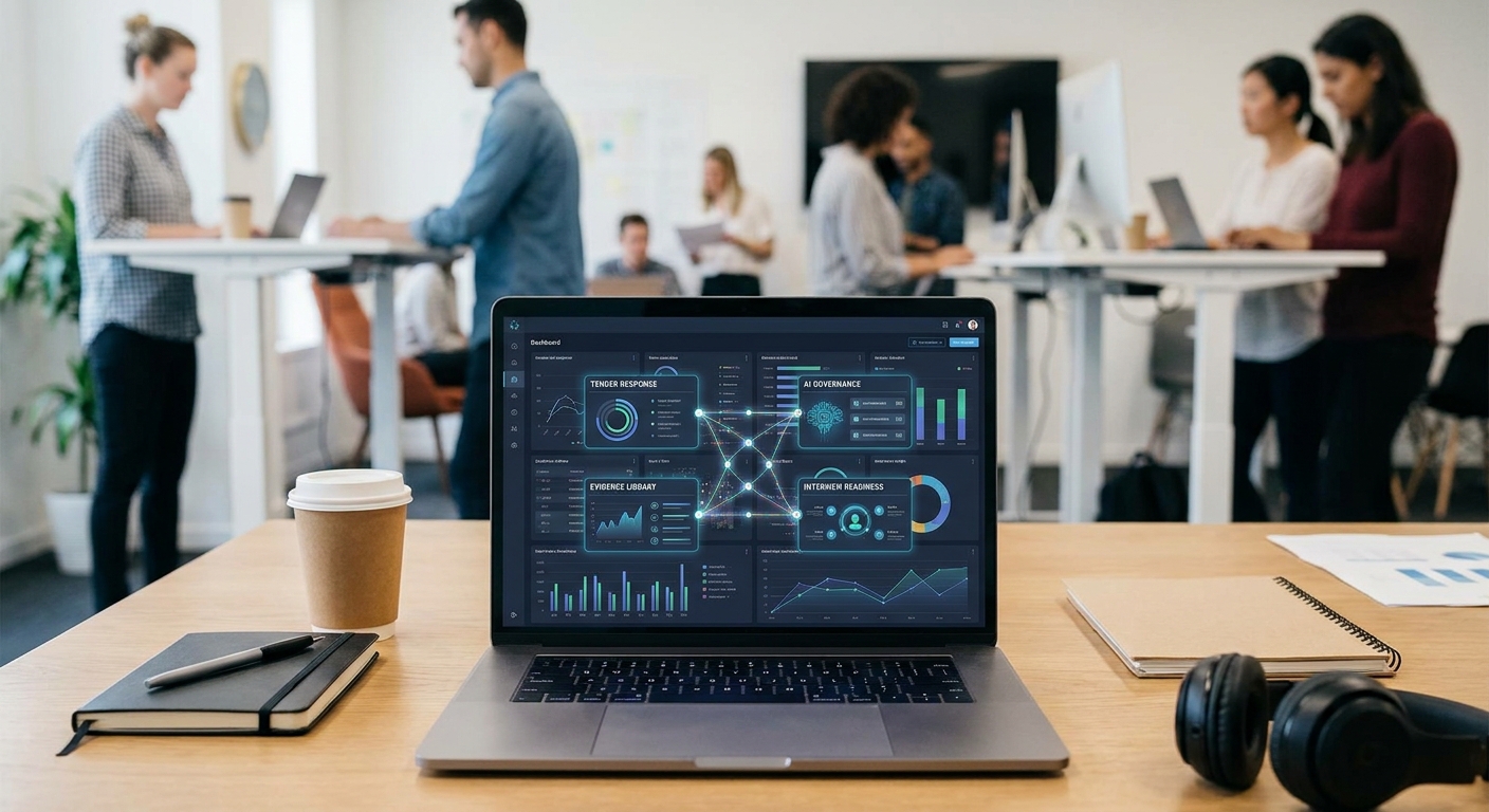 mytender.io-style bid preparation dashboard connecting tender response, AI governance and interview Q&A readiness