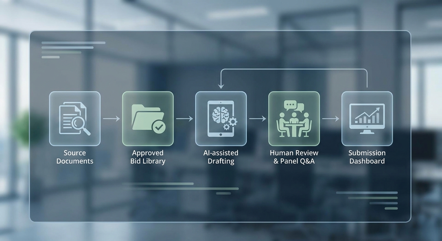Evidence chain showing AI-assisted bid drafting connected to verified source material and live panel answers