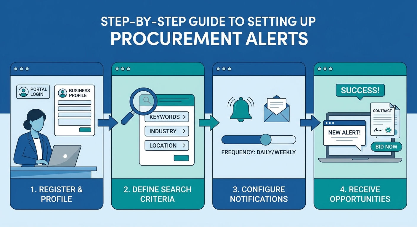 Step-by-step guide to setting up tender portal alerts including keyword strategy and notification configuration