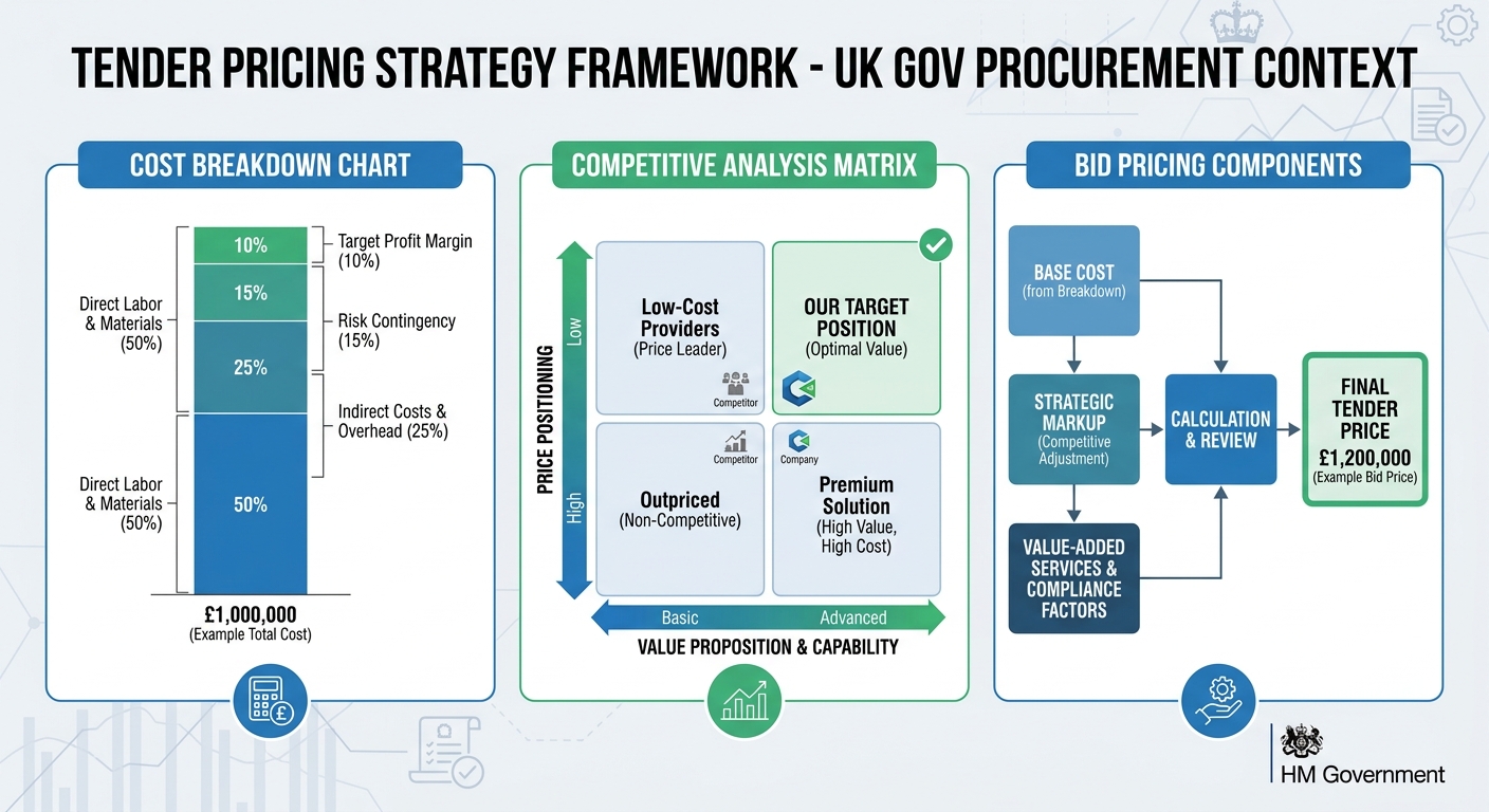 Tender pricing strategy framework showing cost breakdown, competitive analysis and bid pricing components