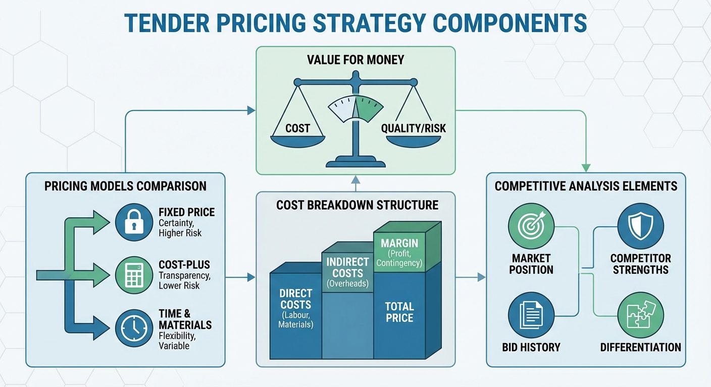 Infographic showing tender pricing strategy components and value for money balance