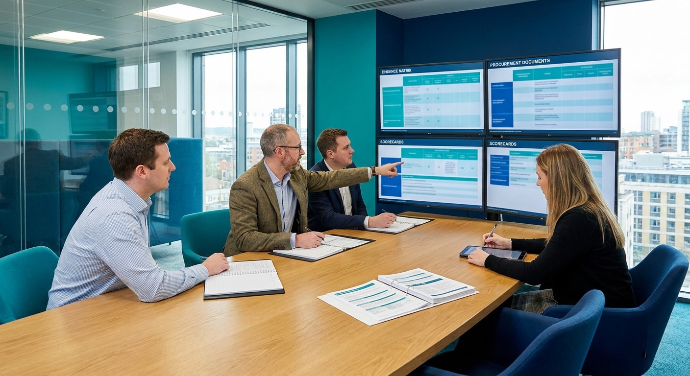 Bid team building a tender response evidence matrix across buyer requirements, proof points and scoring criteria