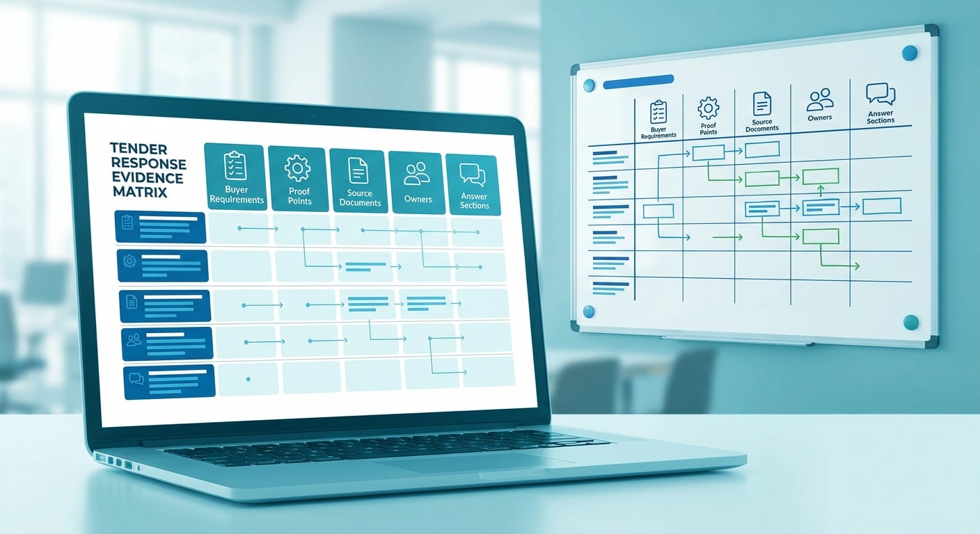 Tender response evidence matrix template mapping ITT requirements to proof, source documents, owners and answer sections