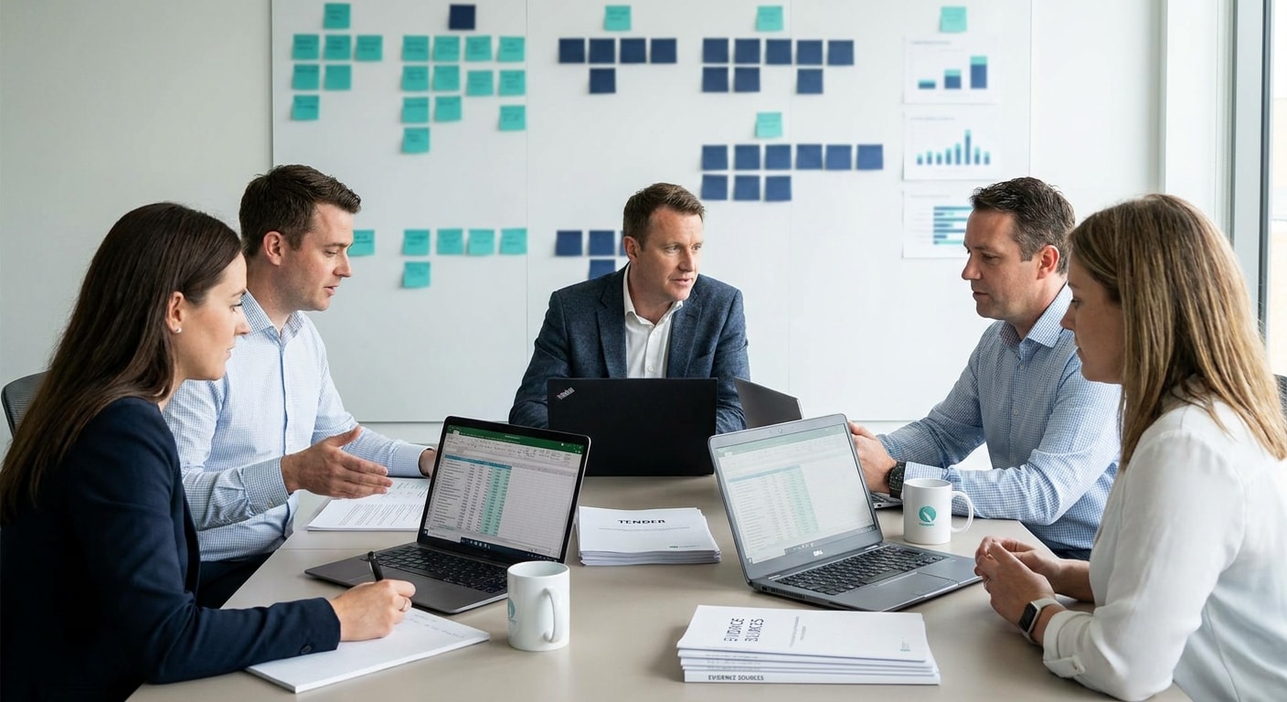 Red team bid review workflow checking tender answers against evidence sources, scoring criteria and final compliance