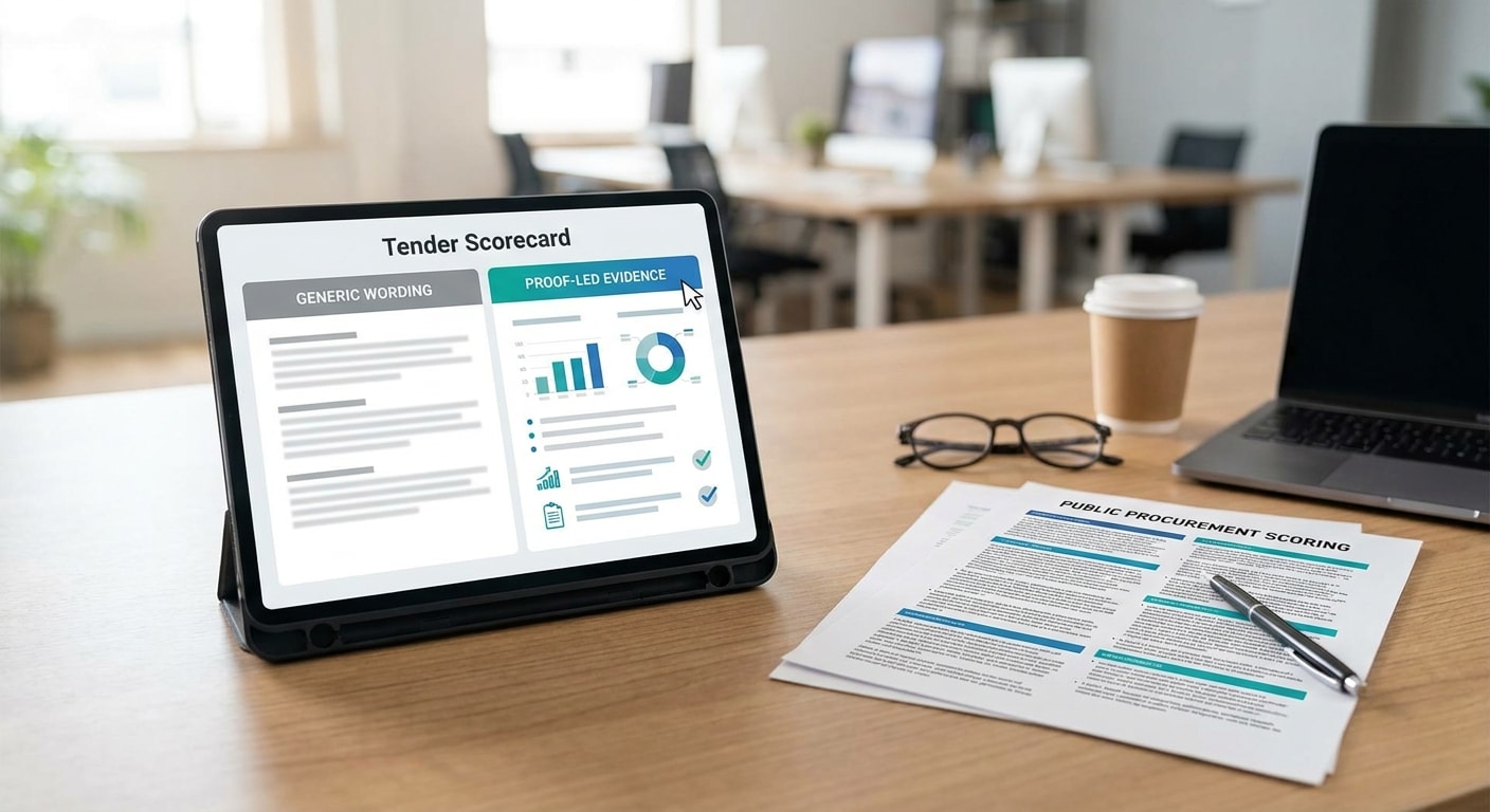 Evaluator scorecard showing the difference between acceptable tender wording and proof-led high-scoring bid evidence