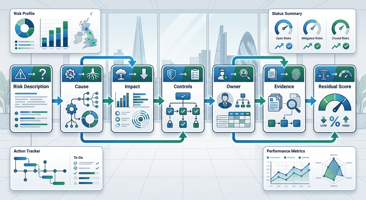 Tender risk register framework showing risk description, cause, impact, controls, owner, evidence and residual score