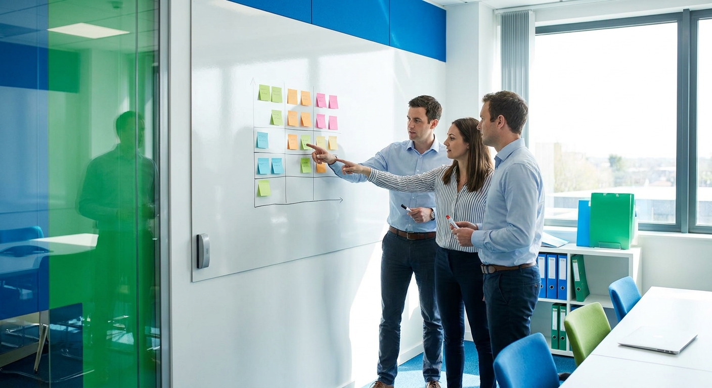 Workshop scene where bid, operations and commercial leads prioritise tender delivery risks before final submission