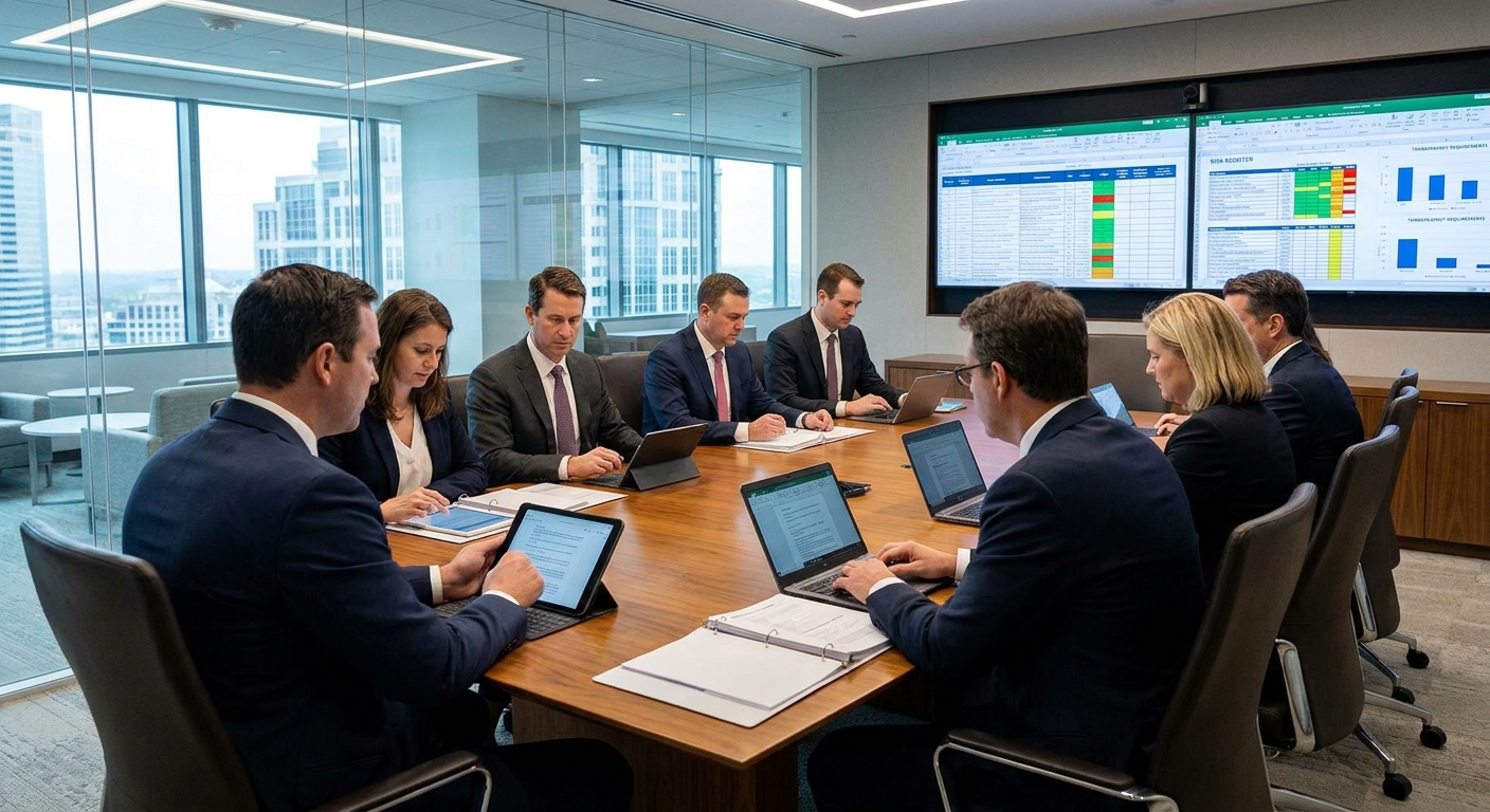 Supplier team reviewing public sector tender risk and transparency requirements in a boardroom