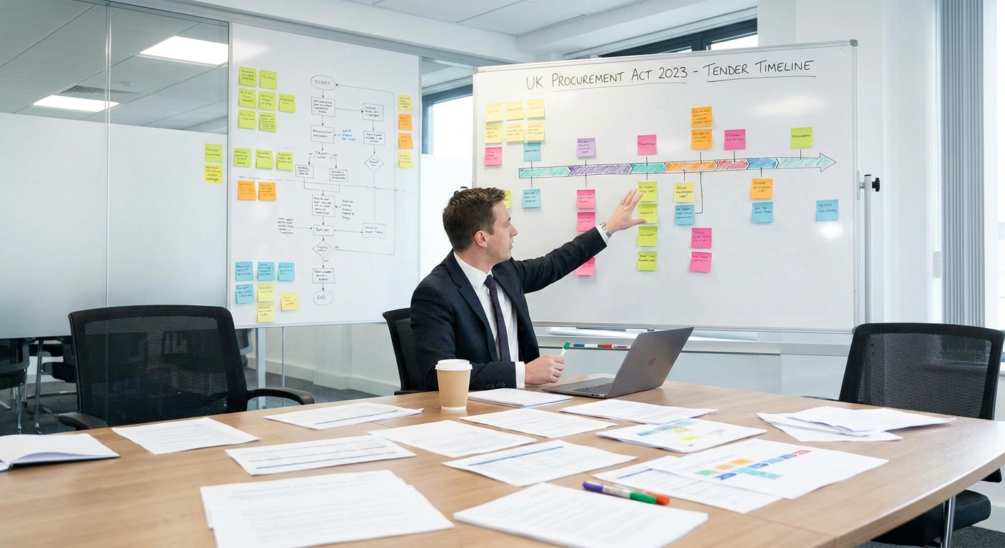 Bid manager mapping a Procurement Act transparency notice timeline before tender release