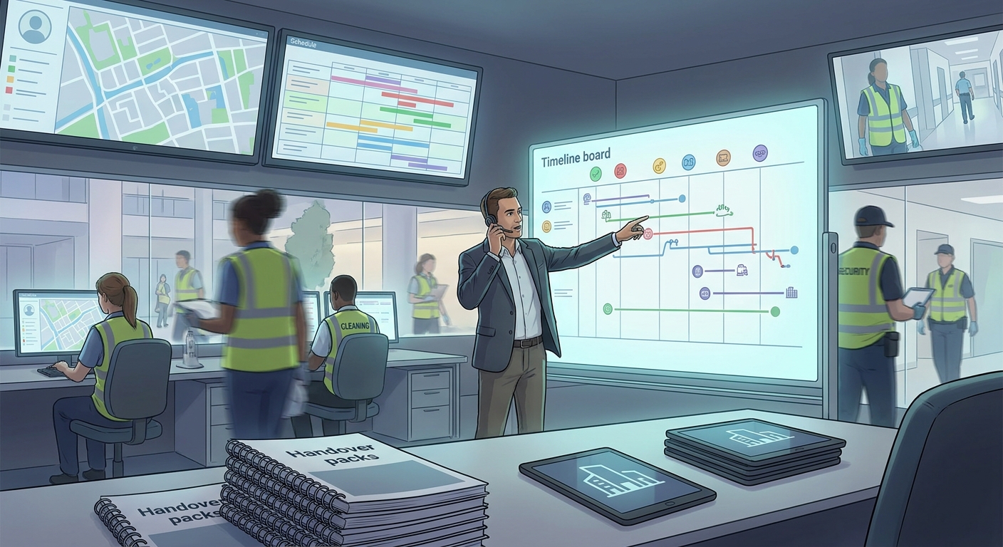 Facilities management mobilisation control room coordinating a TUPE transfer
