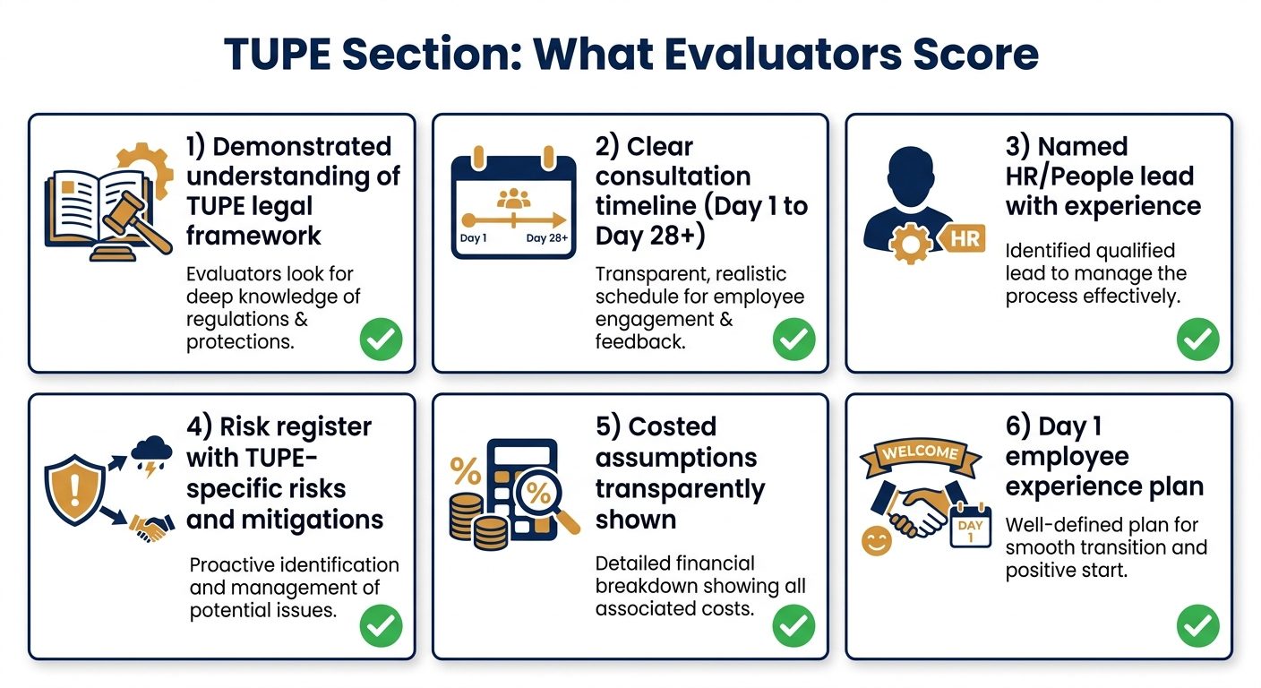 What evaluators score on the TUPE section of an FM tender