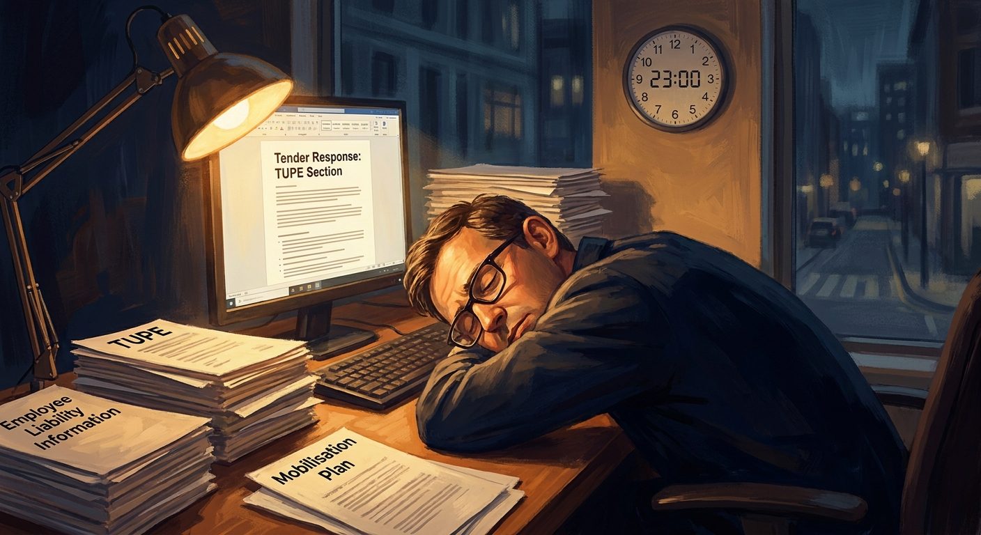 Bid manager working late on the TUPE section of an FM tender