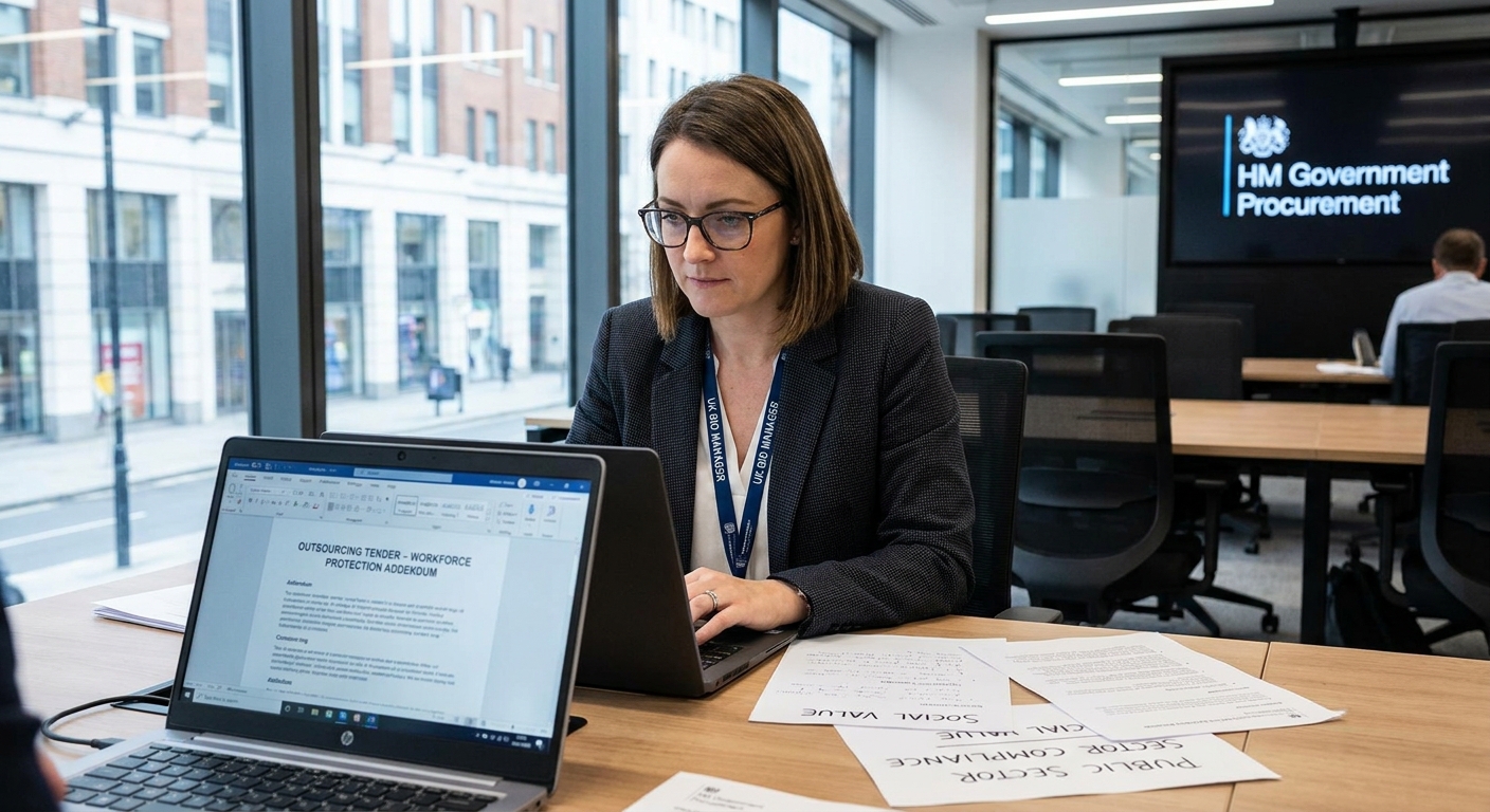 A bid manager reviewing outsourcing tender documents with workforce protection notes