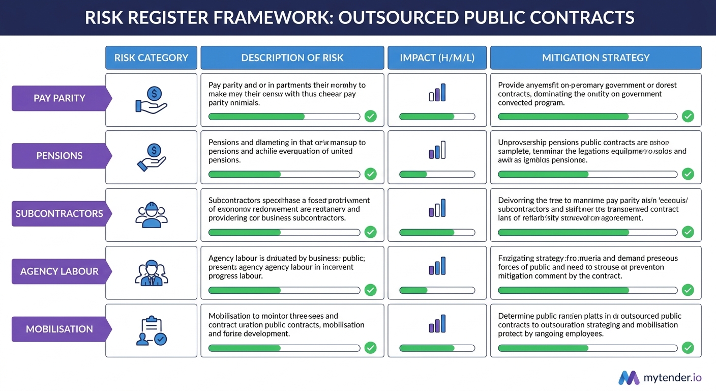 Risk register framework for outsourced public contracts covering pay parity, pensions, subcontractors, agency labour and mobilisation