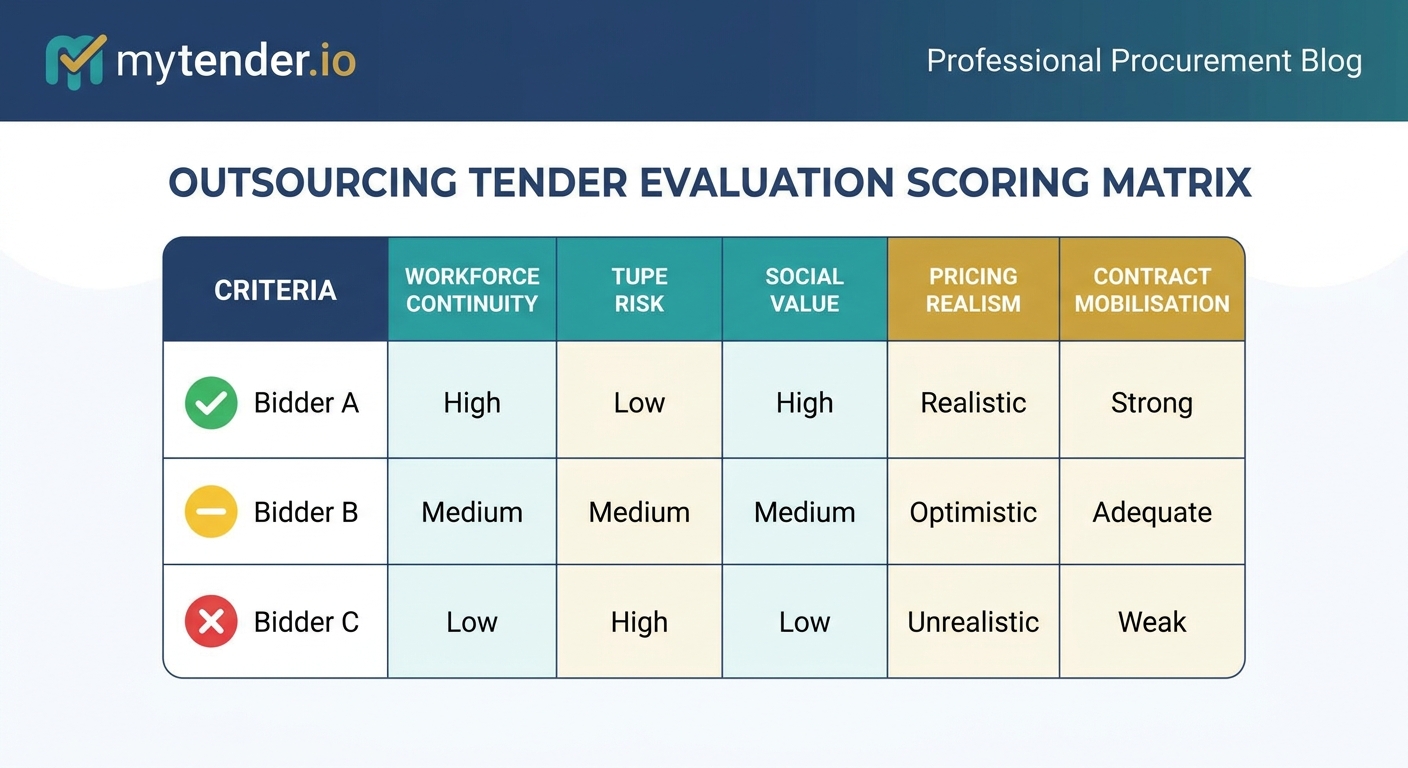 Scoring matrix for outsourcing tenders covering workforce continuity, TUPE risk, social value, pricing realism and mobilisation