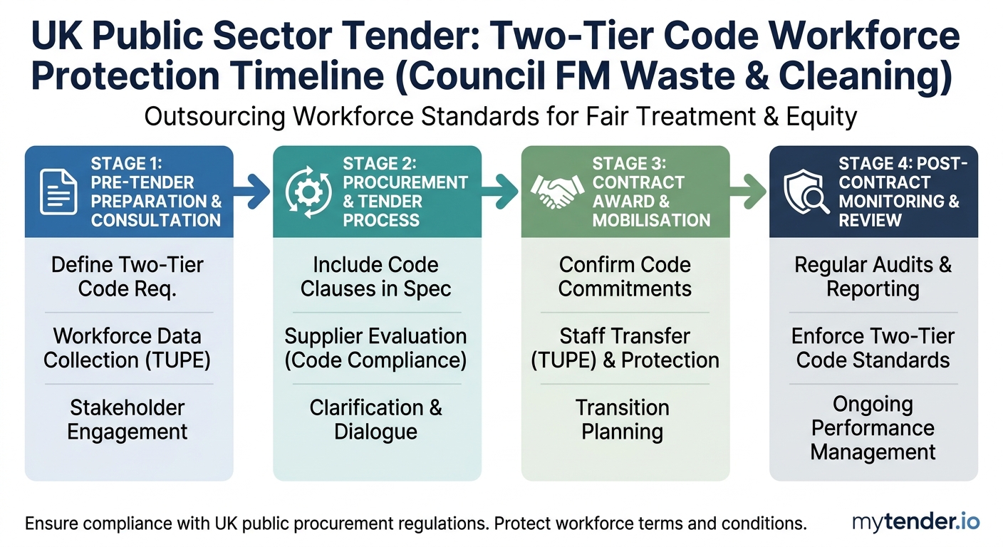 Timeline showing workforce protection checkpoints from tender release to steady-state delivery