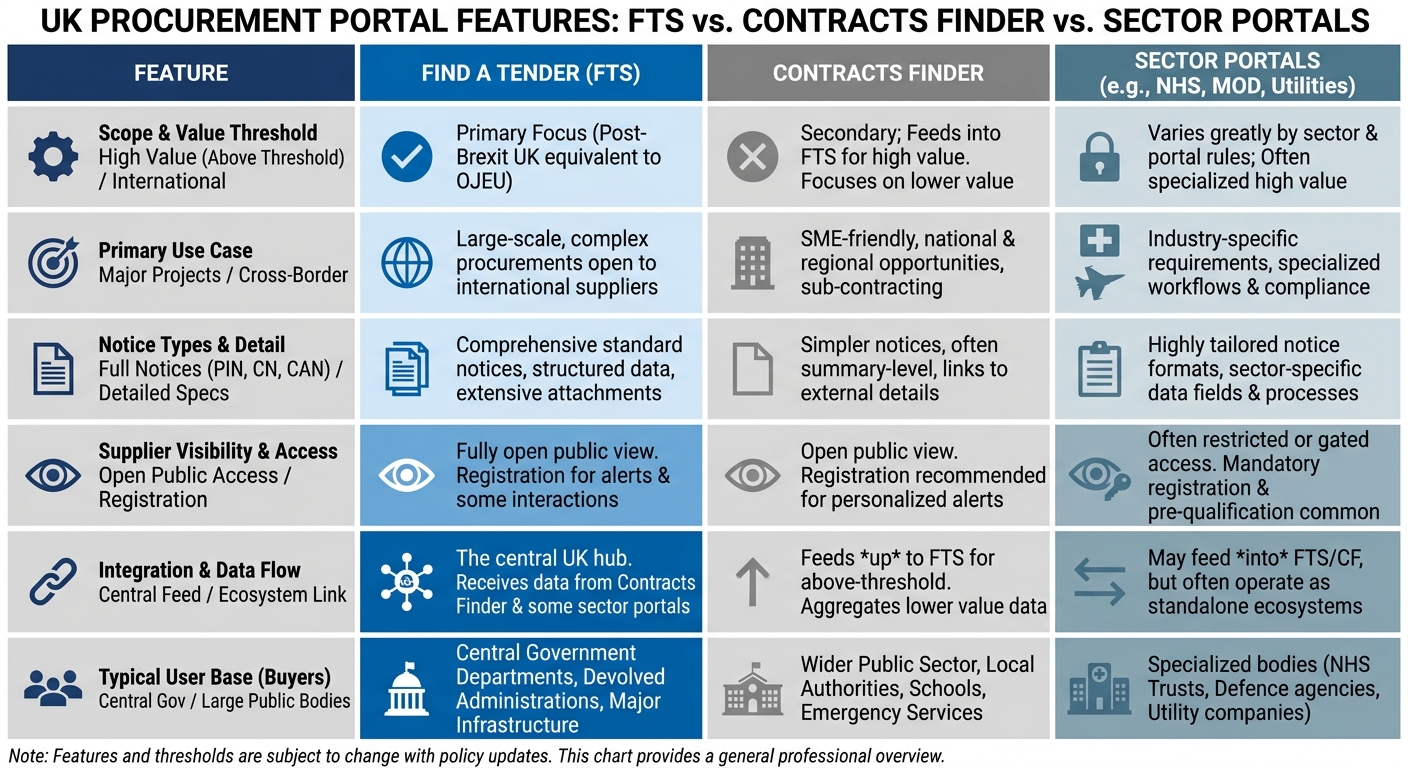 Comparison of UK procurement portals showing features, thresholds and best use cases for each major platform