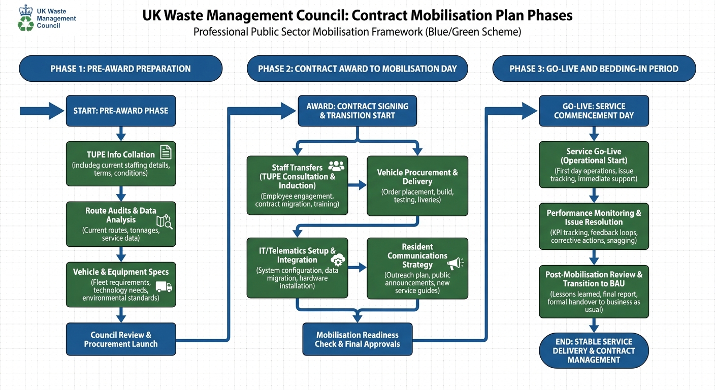 Mobilisation phases diagram showing pre-award preparation, contract award to go-live, and bedding-in period