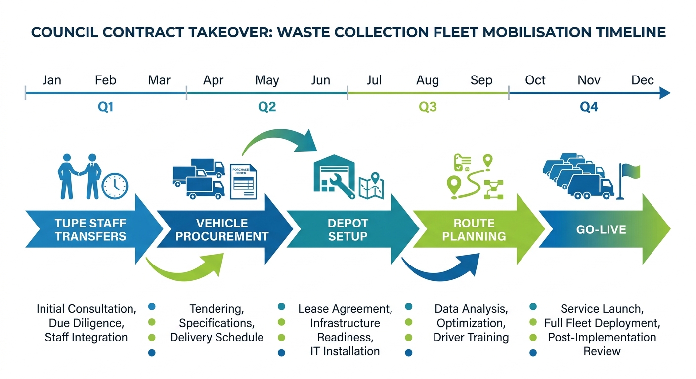 A waste contract mobilisation timeline showing the key phases from contract award to go-live