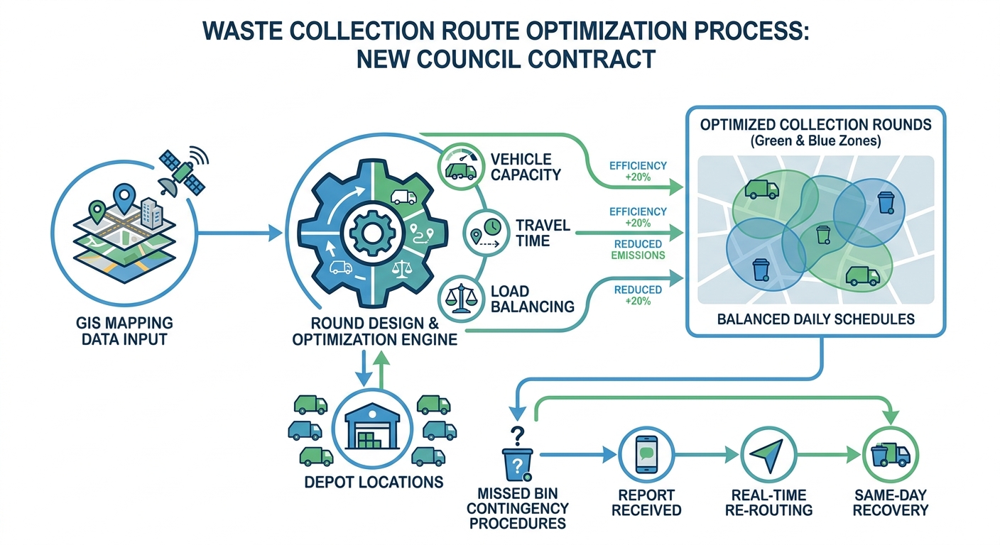 Route optimisation diagram for council waste collection showing round design factors: vehicle capacity, travel time, load balancing and depot locations