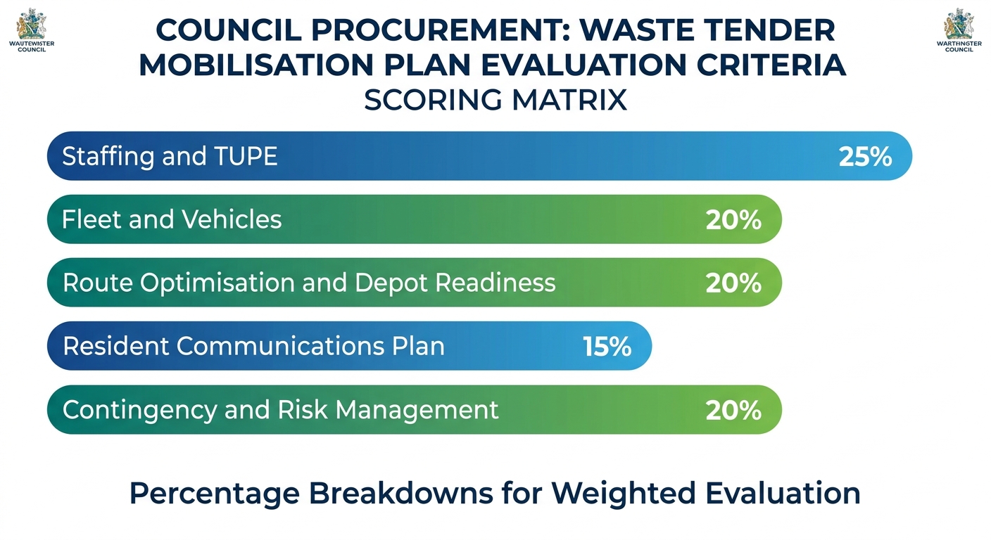 Scoring matrix showing mobilisation plan evaluation criteria: staffing and TUPE, fleet and vehicles, route optimisation and depot readiness, resident communications, contingency and risk management