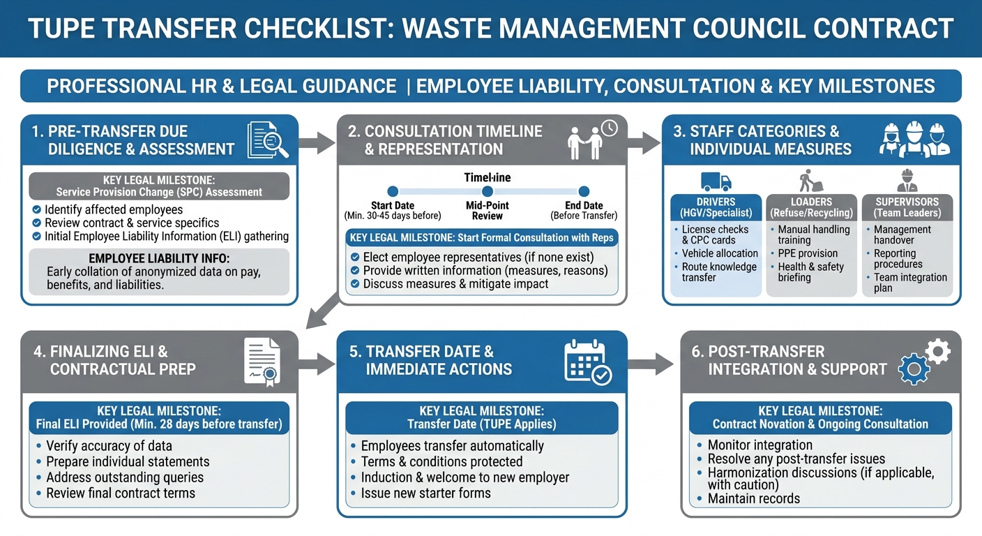 TUPE transfer checklist for waste management staff: ELI provision, consultation timeline, staff categories and roles